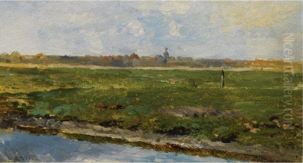 A Polder Landscape Oil Painting by Paul Joseph Constantine Gabriel