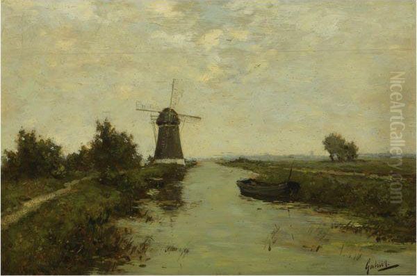 A Windmill In A Polder Landscape Oil Painting by Paul Joseph Constantine Gabriel