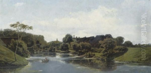 Rowing Along A Village In Summer Oil Painting by Paul Joseph Constantine Gabriel