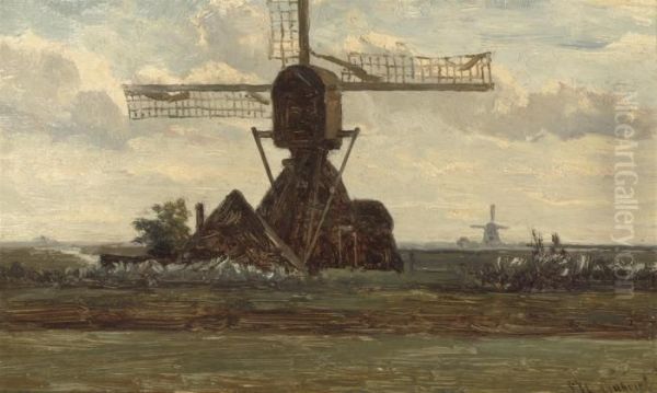 A Windmill In A Dutch Polder Landscape Oil Painting by Paul Joseph Constantine Gabriel