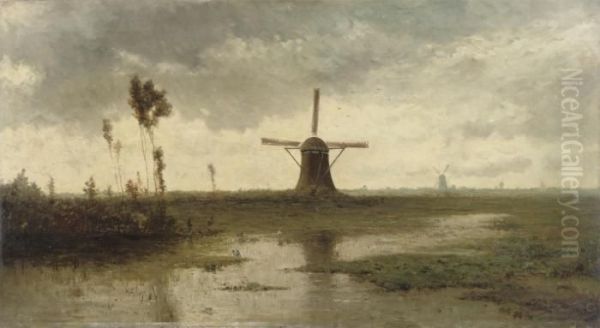 Windmills In A River Landscape Oil Painting by Paul Joseph Constantine Gabriel