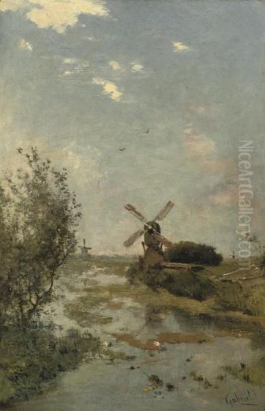 Kortenhoef: Mills And Willows Along A Ditch Oil Painting by Paul Joseph Constantine Gabriel