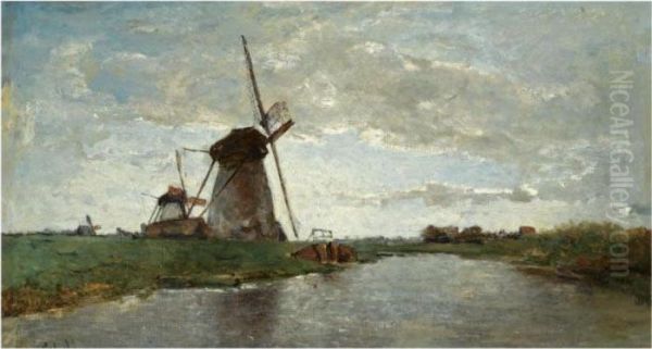 Windmills In A Polder Landscape Oil Painting by Paul Joseph Constantine Gabriel