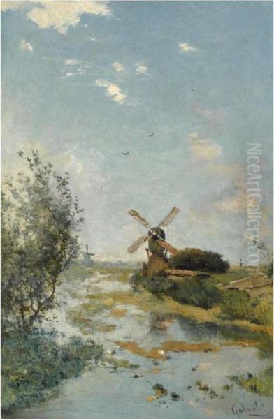 A Windmill In A Polder Landscape Near Kortenhoef Oil Painting by Paul Joseph Constantine Gabriel