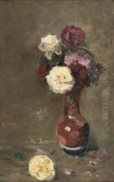 Rozen In Een Vaas: White And Pink Roses Oil Painting by Paul Joseph Constantine Gabriel