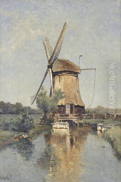 Windmuhle Bei Einem Kanal. Oil Painting by Paul Joseph Constantine Gabriel