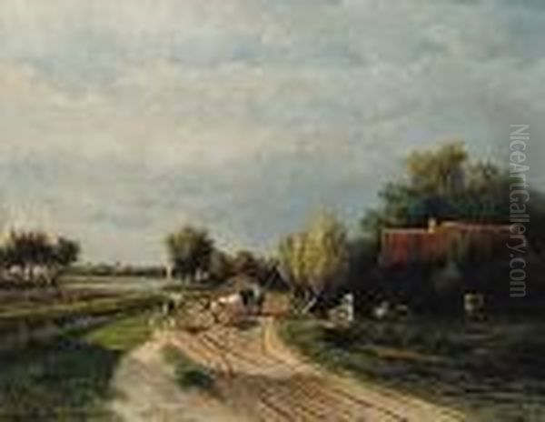 Untitled - A Cattle Wagon On A Road At Dusk Oil Painting by Paul Joseph Constantine Gabriel