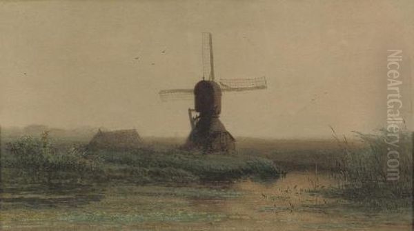 Landschap Met Molen: A Hazy Morning Oil Painting by Paul Joseph Constantine Gabriel