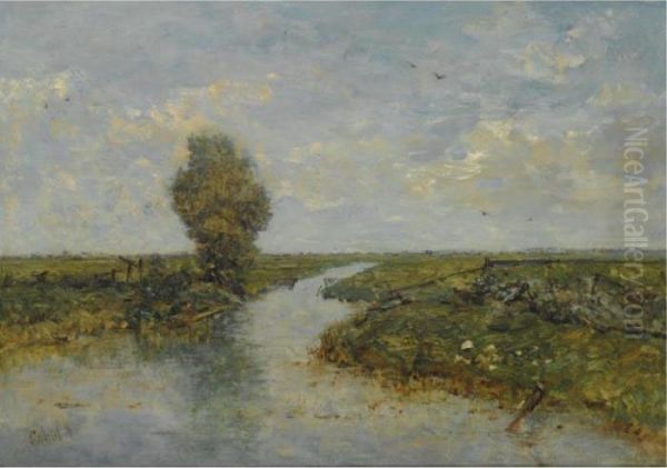 A Polder Landscape Oil Painting by Paul Joseph Constantine Gabriel