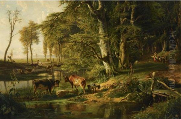 Cattle By A Wooded Stream, Oosterbeek Oil Painting by Paul Joseph Constantine Gabriel