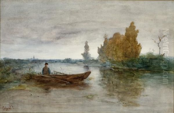 Fisherman In His Flatboat On A Canal Oil Painting by Paul Joseph Constantine Gabriel