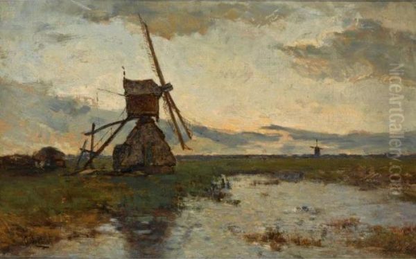 Windmills In A Polder Landscape Oil Painting by Paul Joseph Constantine Gabriel