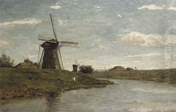 Windmills At Kinderdijk Oil Painting by Paul Joseph Constantine Gabriel