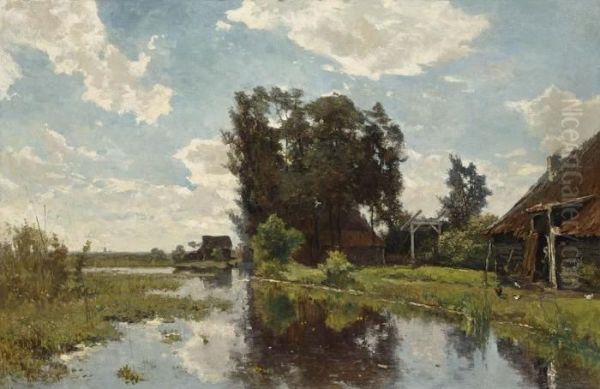 Polder Landscape With A Farmhouse On The Waterside Oil Painting by Paul Joseph Constantine Gabriel