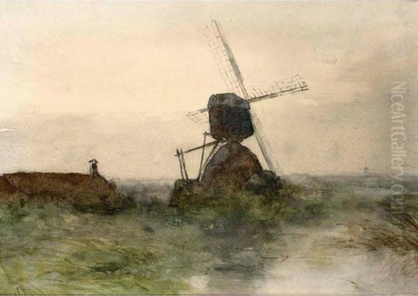 Sunset In A Polder Landscape With A Windmill Near A Waterway Oil Painting by Paul Joseph Constantine Gabriel