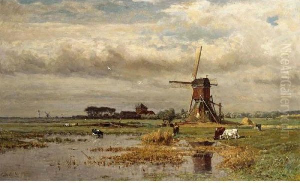 Windmill In A Polder Landscape Oil Painting by Paul Joseph Constantine Gabriel