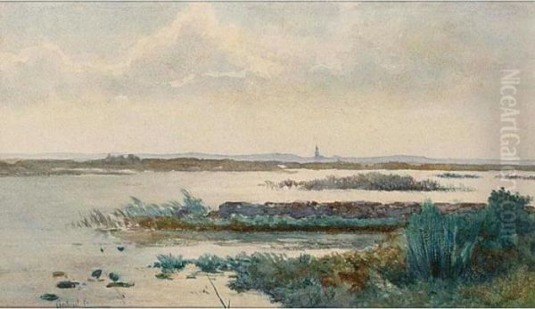 A Polder Landscape Oil Painting by Paul Joseph Constantine Gabriel