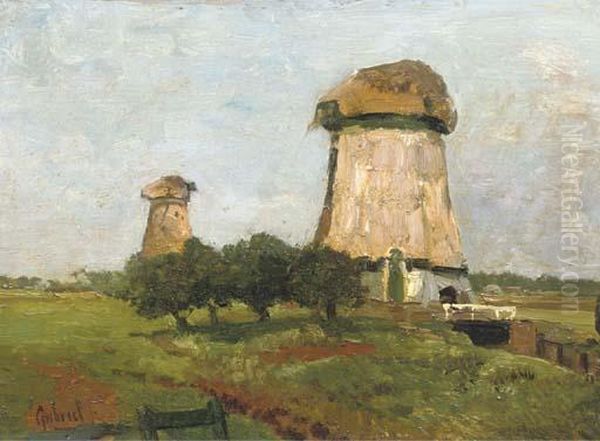 Les Deux Invalides: Mills In A Polder Landscape Oil Painting by Paul Joseph Constantine Gabriel