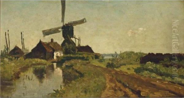 A Windmill In A Polder Landscape Oil Painting by Paul Joseph Constantine Gabriel