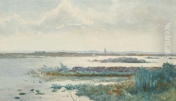 Water Meadows With Church Spire Beyond Oil Painting by Paul Joseph Constantine Gabriel