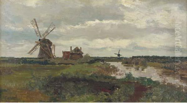 Windmills In A Polder Landscape Oil Painting by Paul Joseph Constantine Gabriel