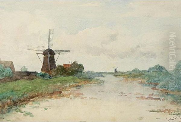 A View Of Windmill 'de Winkel' Near Abcoude Oil Painting by Paul Joseph Constantine Gabriel