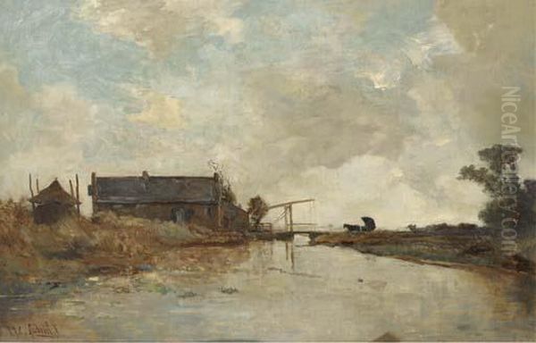 Tolbrug Bij Kortenhoef: A Carriage Approaching A Drawbridge Oil Painting by Paul Joseph Constantine Gabriel