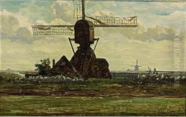 A Mill In A Polder Landscape Near Abcoude Oil Painting by Paul Joseph Constantine Gabriel