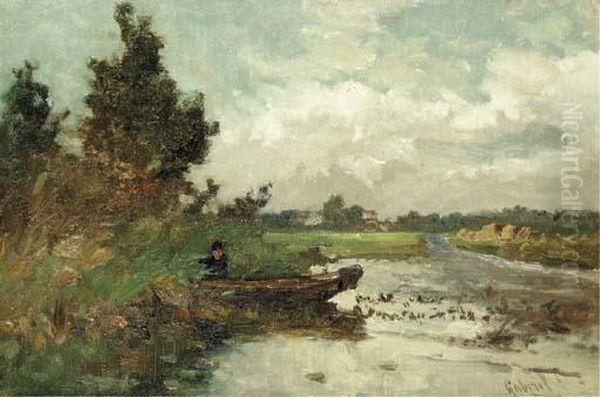 An Angler In A Polder Landscape Oil Painting by Paul Joseph Constantine Gabriel