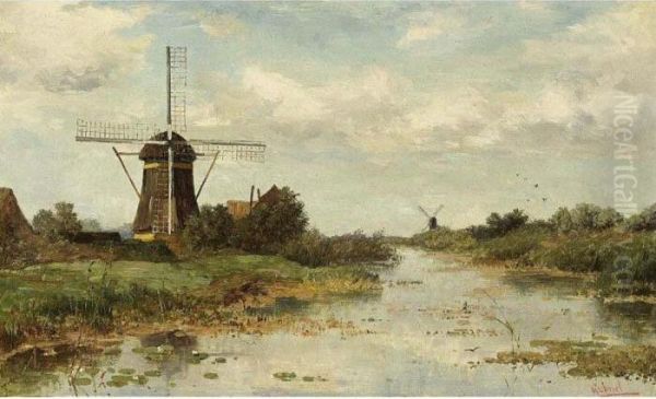 Windmills In A Landscape Near Abcoude Oil Painting by Paul Joseph Constantine Gabriel