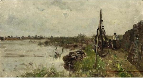 A Fisherman In A Polder Landscape Oil Painting by Paul Joseph Constantine Gabriel