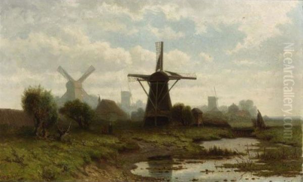 Windmills In A Polder Landscape Oil Painting by Paul Joseph Constantine Gabriel