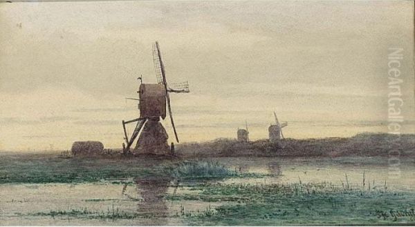 Windmills Along A Waterway Oil Painting by Paul Joseph Constantine Gabriel