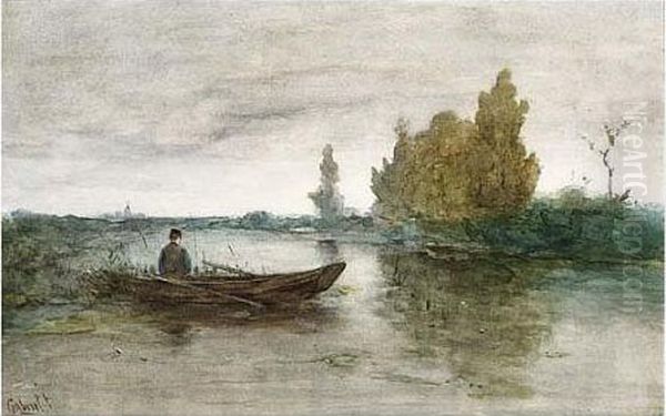 An Angler In A Polder Landscape Oil Painting by Paul Joseph Constantine Gabriel