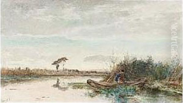 An Angler In A Polder Landscape Oil Painting by Paul Joseph Constantine Gabriel