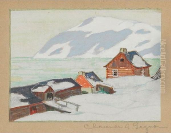 Village By The Water, Winter Oil Painting by Clarence Alphonse Gagnon