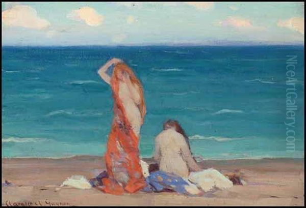 Two Nymphs On The Beach / White Painted Farmhouse(verso) Oil Painting by Clarence Alphonse Gagnon