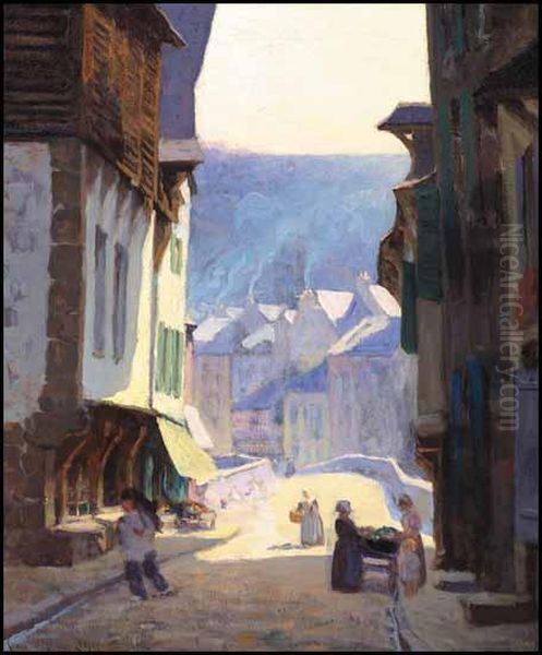 Street Scene In Sunlight, Dinan Oil Painting by Clarence Alphonse Gagnon