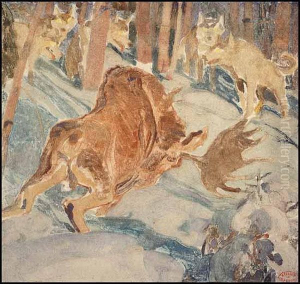 Le Grand Silence Blanc ~ Charging Moose Oil Painting by Clarence Alphonse Gagnon