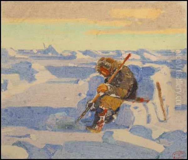 Le Grand Silence Blanc ~ Ice Fishing Oil Painting by Clarence Alphonse Gagnon