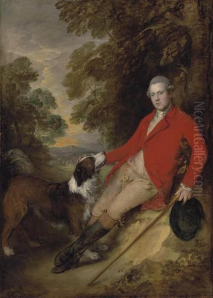 Portrait Of Philip Stanhope, 5th
 Earl Of Chesterfield (1755-1815), Full-length, In A Scarlet Coat And 
Buff Breeches, Holding A Black Hat And Stick In His Left Hand, With His 
Dog In A Landscape Oil Painting by Thomas Gainsborough