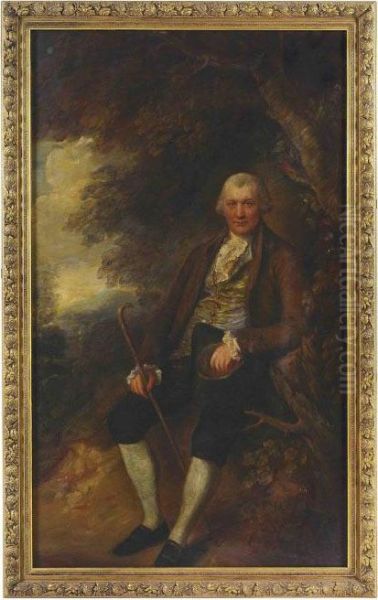 Portrait Of John Wilkinson, 
Seated Full-length, In A Brown Coat, A Stick And Hat In His Hands, In A 
Landscape Oil Painting by Thomas Gainsborough