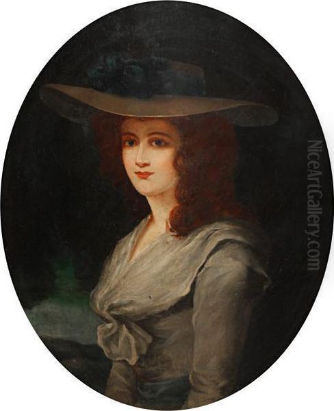 Portrait Of A Lady, Half Length, In A White Dress With Blue Sash And A Hat Oil Painting by Thomas Gainsborough