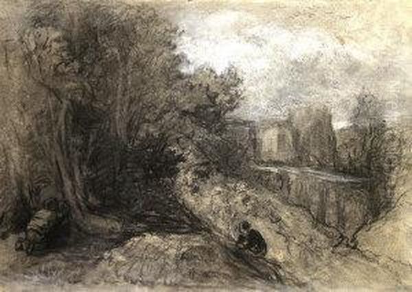 Figures By A Wooded Outcrop With A Distantaqueduct And Buildings Beyond Oil Painting by Thomas Gainsborough