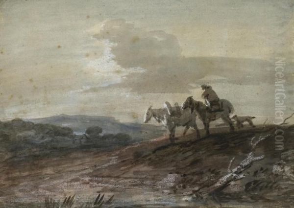 An Open Landscape At Dusk; Withfigure, Packhorse, Dog And Cottage Oil Painting by Thomas Gainsborough