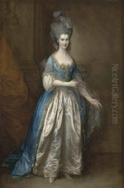 Portrait Of Mrs. William 
Villebois, Full-length, In Masqueradedress, With A Blue Gown And A 
Lace-edged Satin Skirt, Holding Adiaphanous Wrap, Beside A Pilaster Oil Painting by Thomas Gainsborough