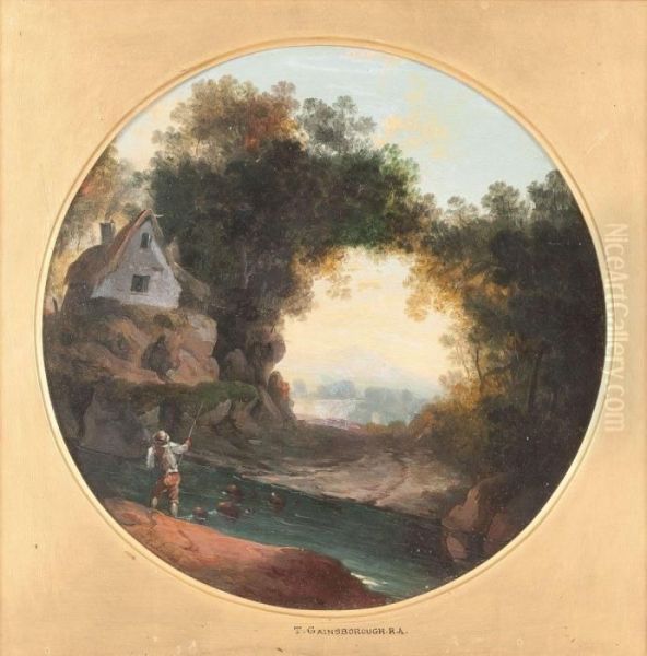 Flusslandschaft Mit Angler Und Bauernhaus Oil Painting by Thomas Gainsborough