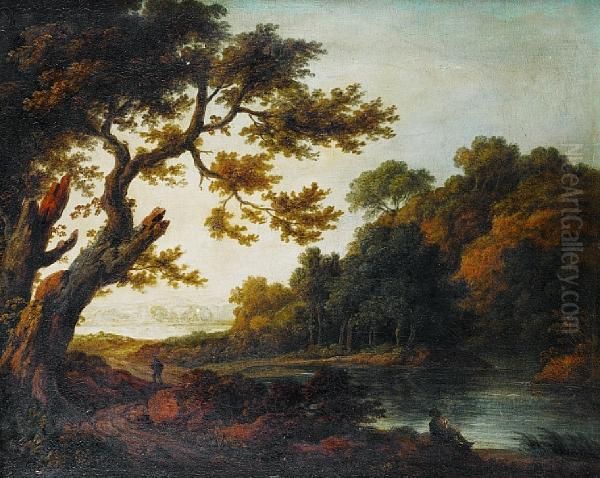 A Traveller And A Figure Resting On A Shore Ina Wooden Landscape Oil Painting by Thomas Gainsborough