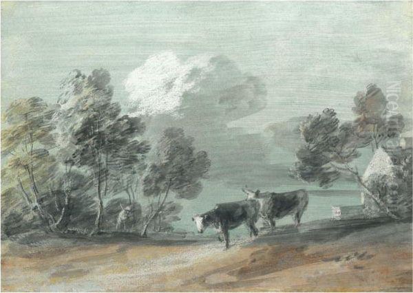 Wooded Landscape With Herdsman, Cows And Cottage Oil Painting by Thomas Gainsborough