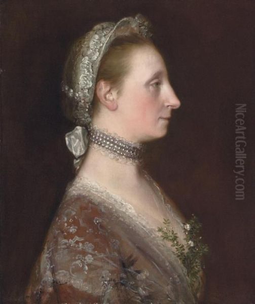 Portrait Of A Lady, Possibly 
Mary Gibbon, The Artist's Sister, Bust Length, In Profile, In A Lace 
Headdress, A Pearl Necklace And A Brown Dress, With A Tule Shawl And A 
Sprig Of Wild Flowers Oil Painting by Thomas Gainsborough